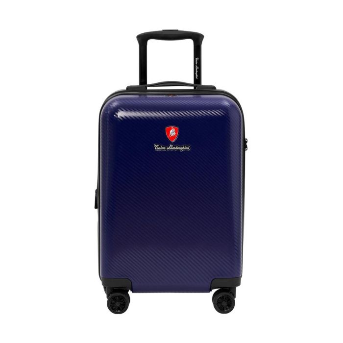 Trolley blu rigido medio con quattro ruote e lucchetto chiusura a combinazione