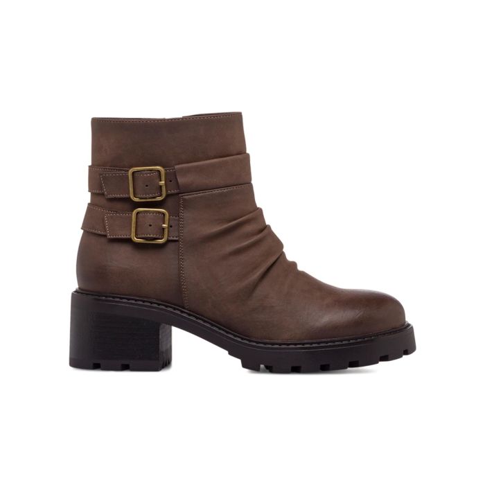 Stivaletti biker marroni da donna con tacco basso e fibbie