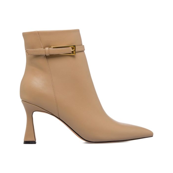 Stivaletti beige a punta da donna con tacco alto a rocchetto e cinturino