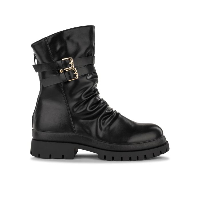 Stivaletti neri bassi da donna con arricciatura, fibbie e suola carrarmato