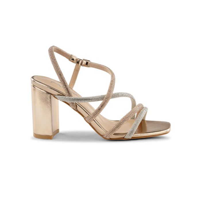 Sandali oro Alesya da donna con tacco alto largo e cinturini con strass