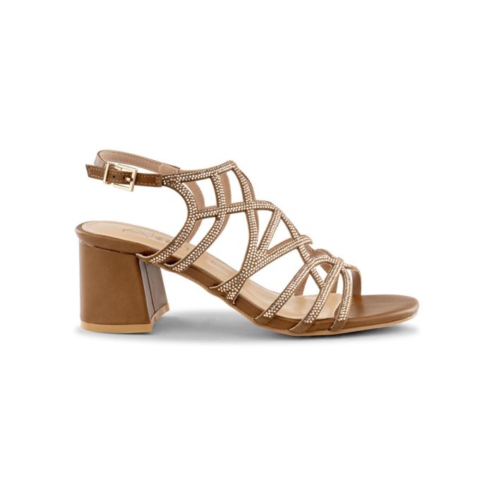 Sandali marroni Alesya da donna con tacco medio largo e strass