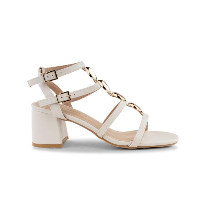 Sandali bianchi Alesya da donna con tacco medio largo e T-bar con dettaglio gioiello