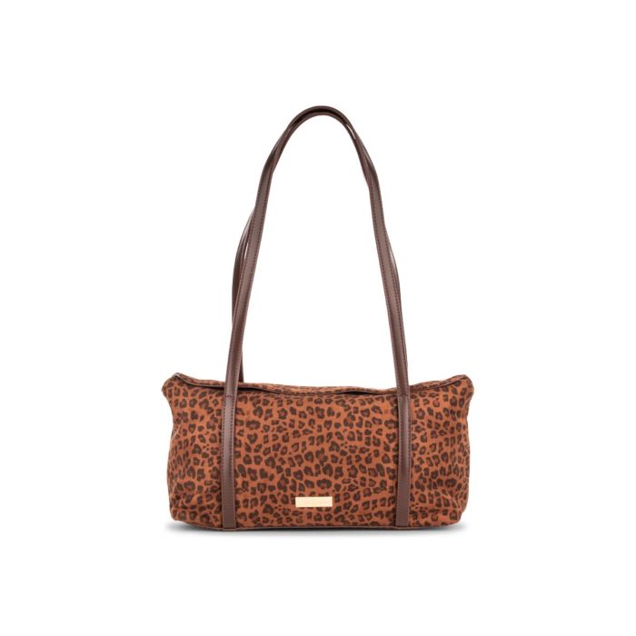 Borsa a spalla marrone da donna in eco-suede fantasia animalier