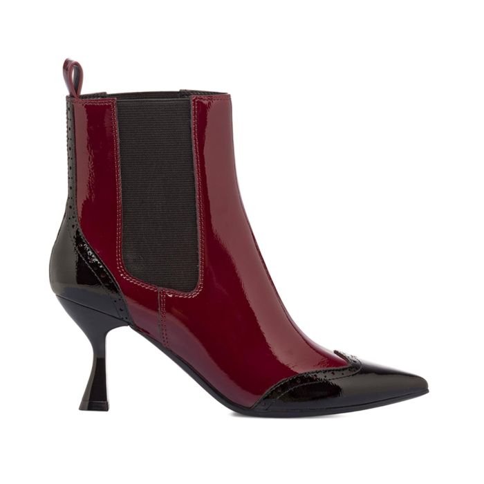 Stivaletti rossi da donna a punta con tacco alto a rocchetto e dettagli lucidi