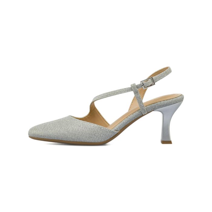 Decolletè slingback Alesya argento da donna a punta con tacco medio a rocchetto in tessuto glitter