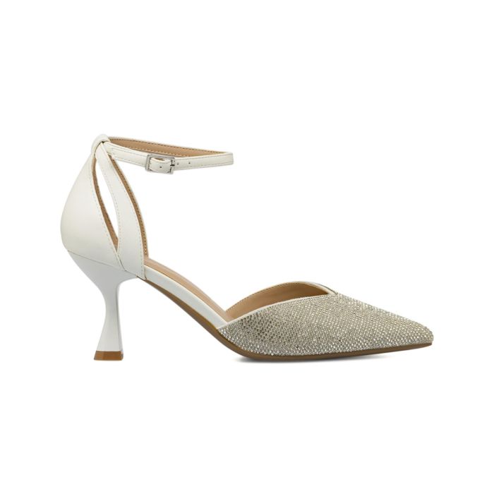 Decolletè Alesya bianche da donna a punta strass con tacco alto a rocchetto e cinturino
