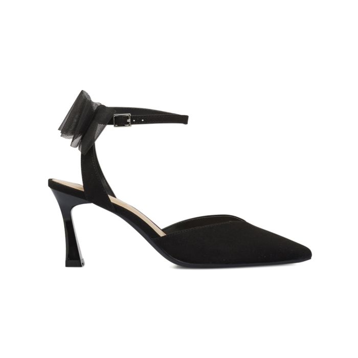 Decolletè sllingback Alesya nere da donna a punta con cinturino con fiocco in tulle e tacco alto a rocchetto