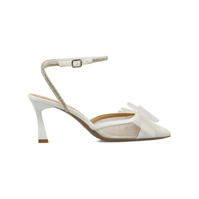 Decolletè sllingback Alesya bianche da donna a punta con fiocco in tulle e tacco alto a rocchetto