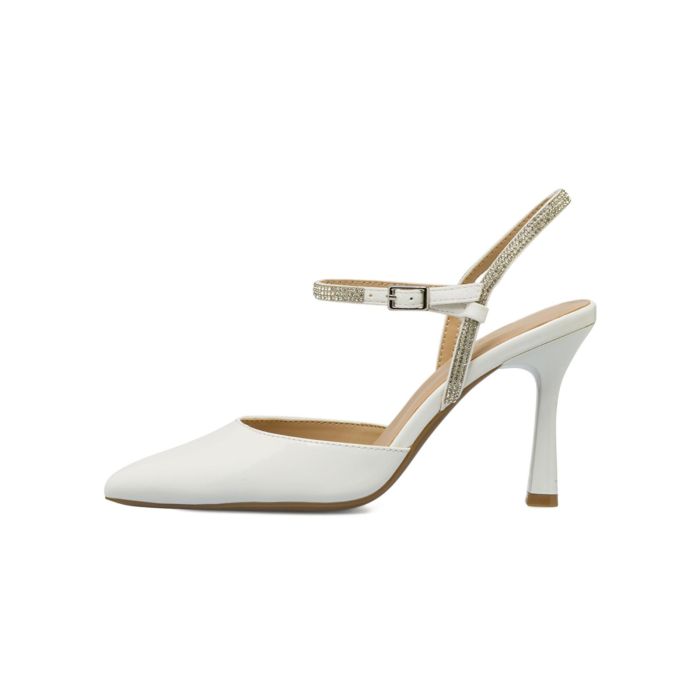 Decolletè bianche slingback Alesya da donna a punta con tacco alto e dettaglio strass