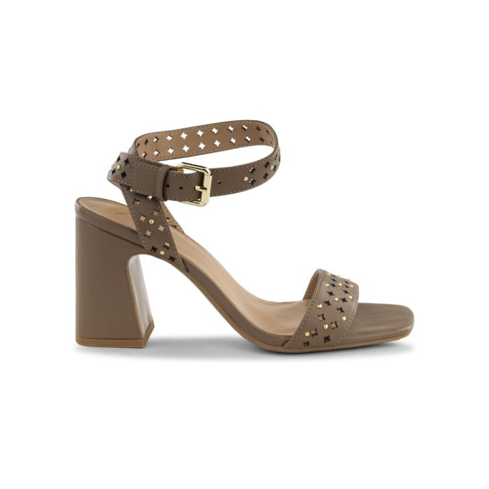 Sandali marroni Alesya da donna con tacco alto largo e cinturini con borchie