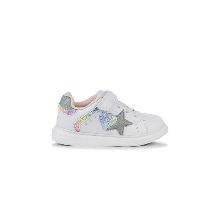 Sneakers bianche da bambina con stella e dettagli glitter colorati