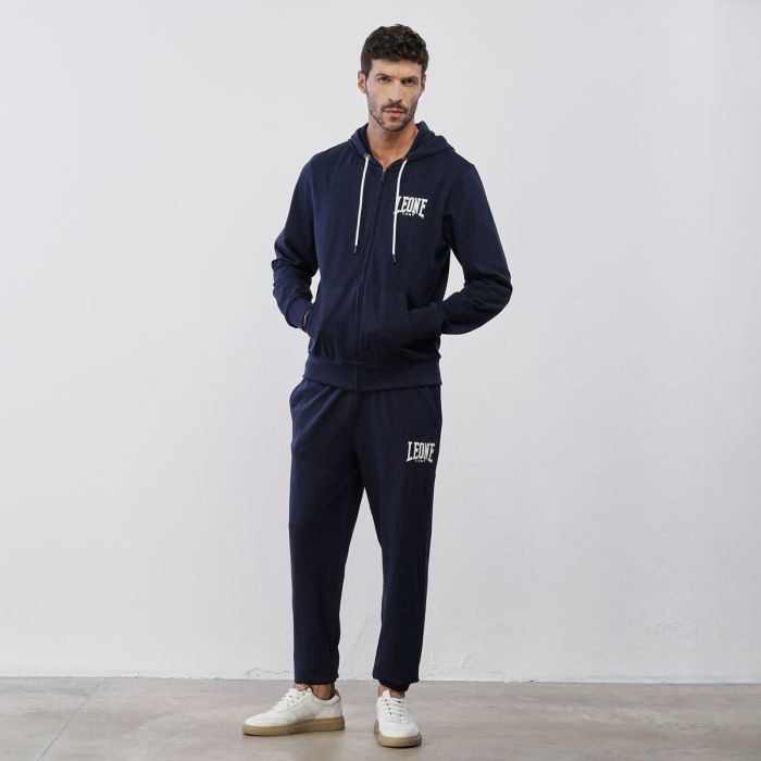 Tuta sportiva blu da uomo in cotone con logo e felpa con cappuccio