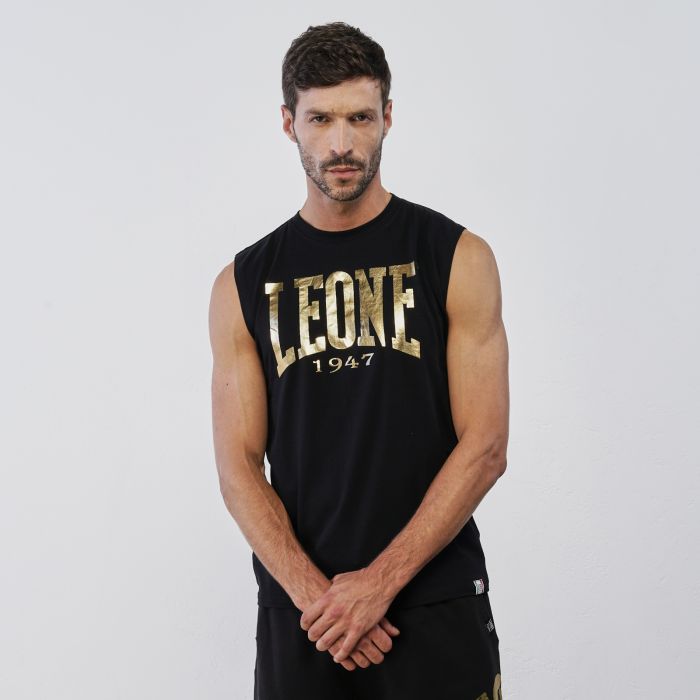 T-shirt nera sportiva da uomo smanicata con logo