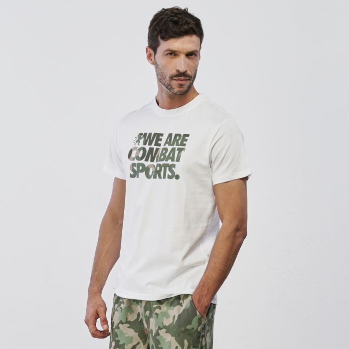 T-shirt bianca sportiva da uomo con maniche corte e scritta