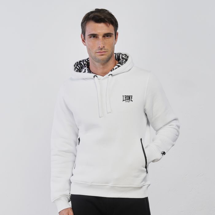Felpa sportiva bianca da uomo con logo e cappuccio graficato