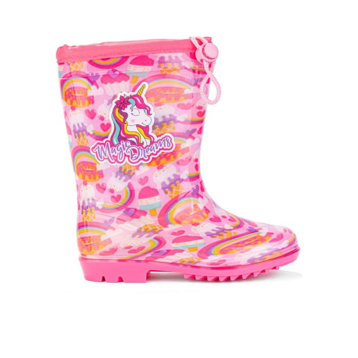 Stivaletti fucsia bambina da pioggia in gomma stampa cartoon Unicorno