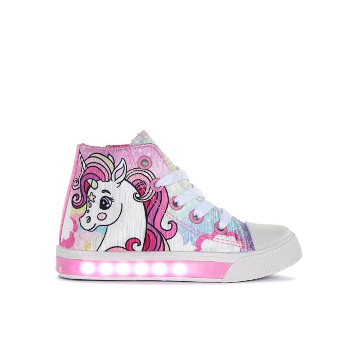 Sneakers alte rosa in tessuto da bambina con luci e stampa cartoon Unicorno