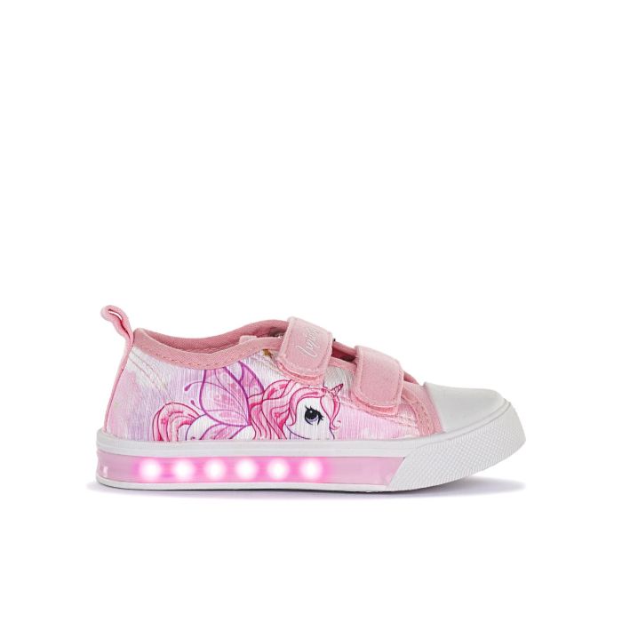 Sneakers rosa in tessuto da bambina con luci e stampa cartoon Unicorno