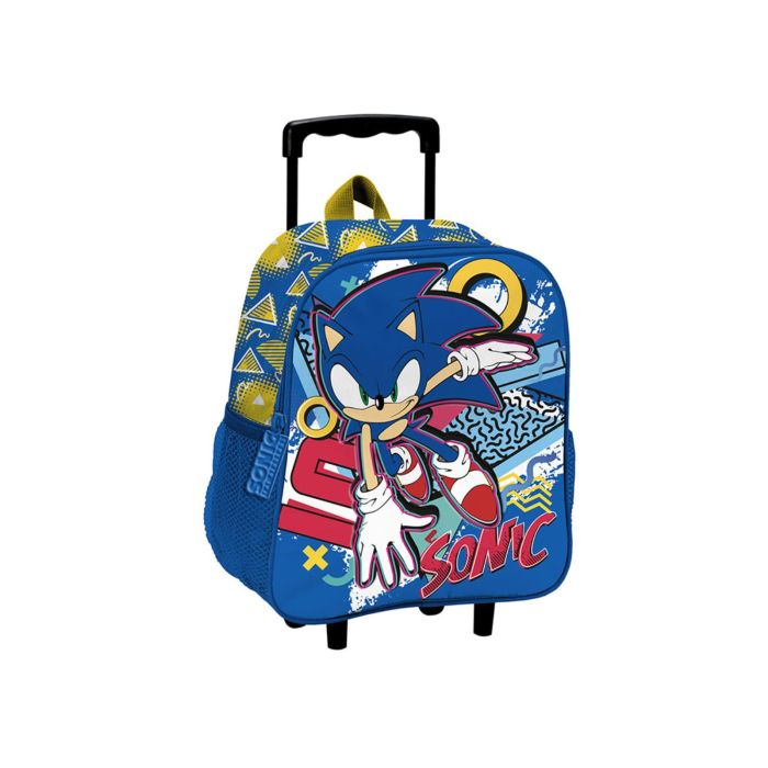 Zainetto trolley azzurro da bambino stampa cartoon Sonic con due ruote e manico estensibile