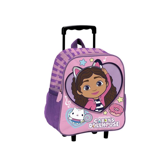 Zainetto trolley viola da bambina stampa cartoon Gabby's Dollhouse con due ruote e manico estensibile