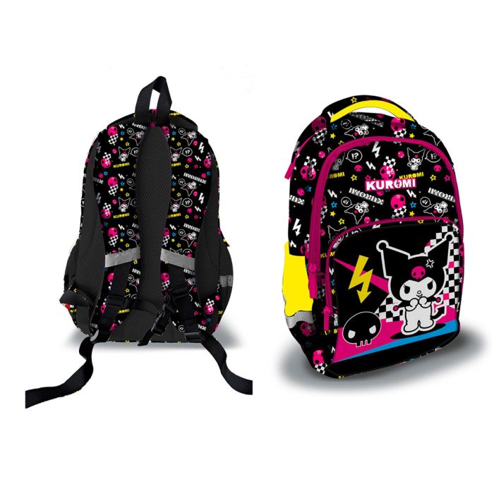 Zaino nero da bambina stampa cartoon Kuromi con spallacci regolabili e tasca frontale