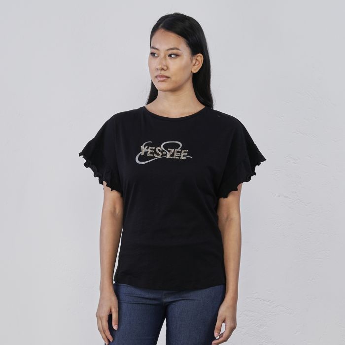 T-shirt nera da donna con maniche corte con volant