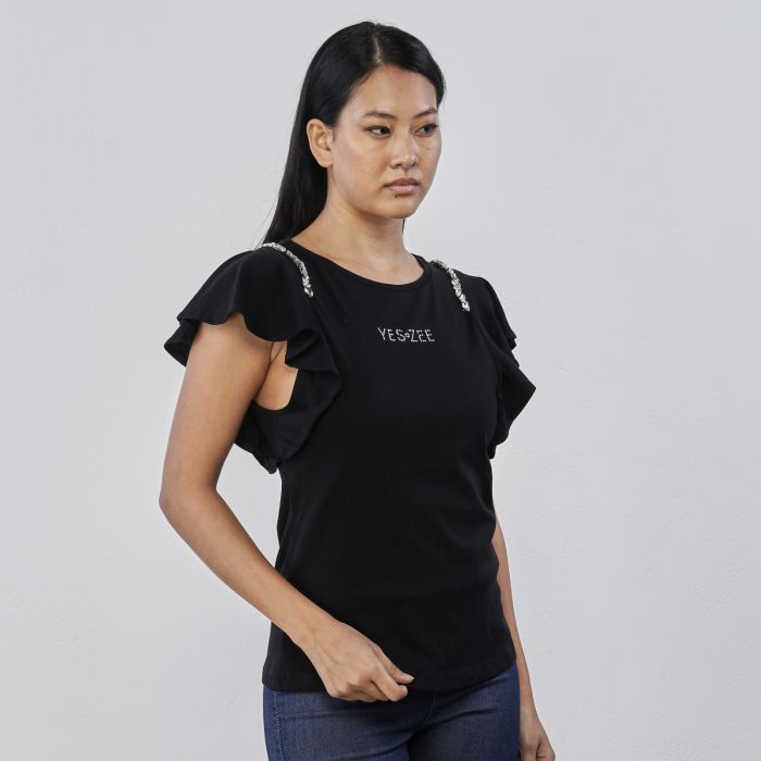 T-shirt nera da donna con maniche corte volant con dettaglio strass