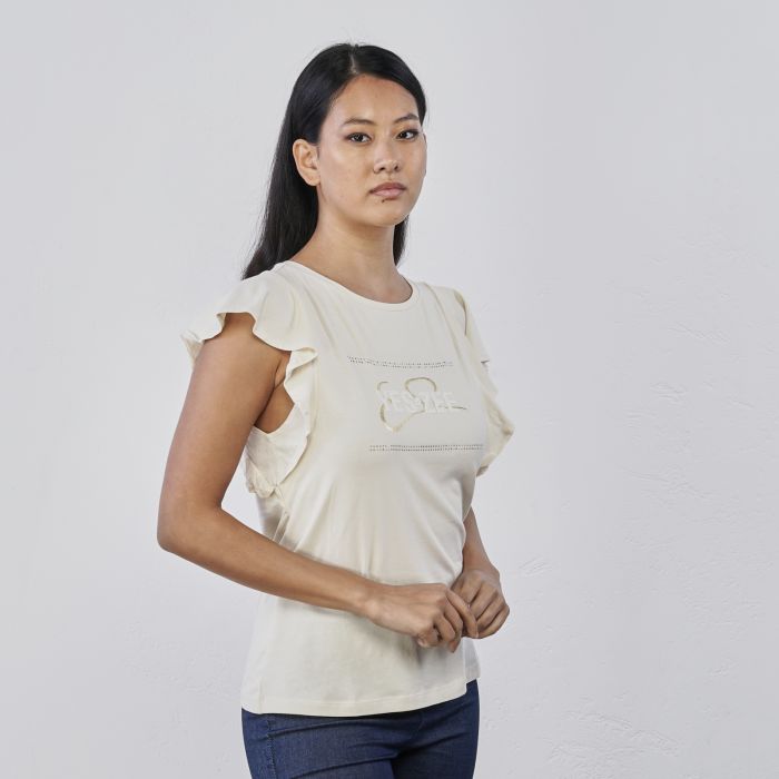 T-shirt beige da donna con maniche corte volant e logo