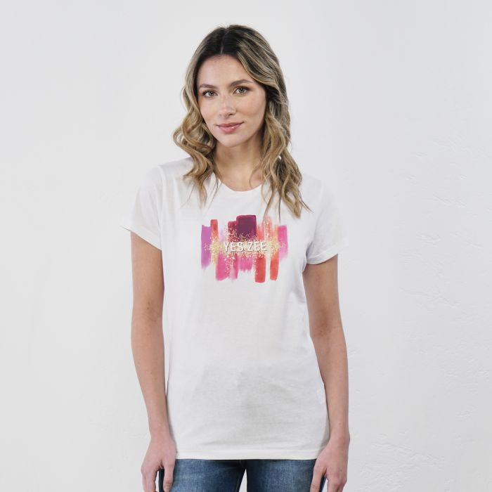T-shirt bianca da donna maniche corte con logo frontale colorato