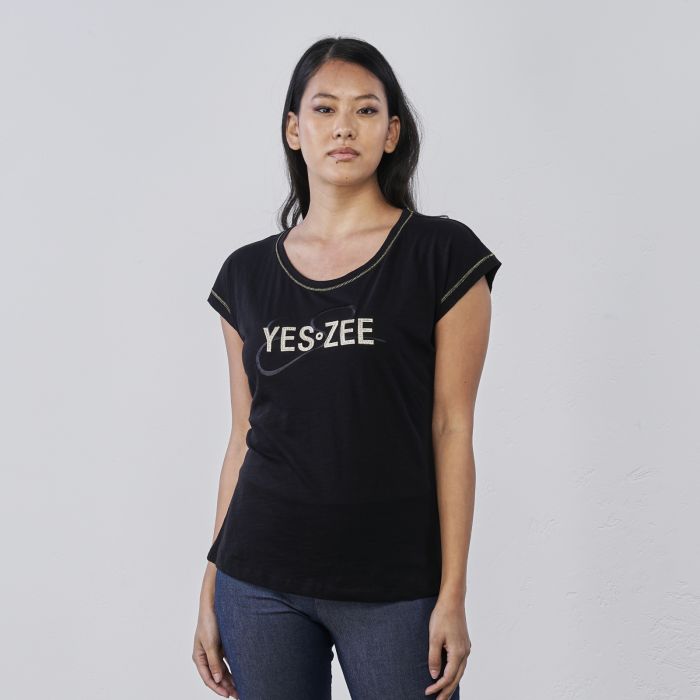 T-shirt nera da donna con maniche corte e logo