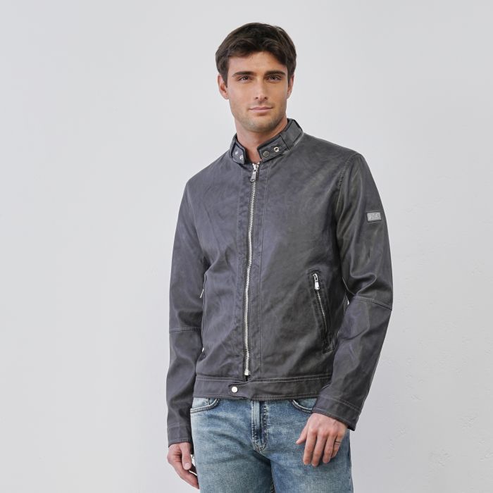 Giacca grigia da uomo in ecopelle con tasche e zip