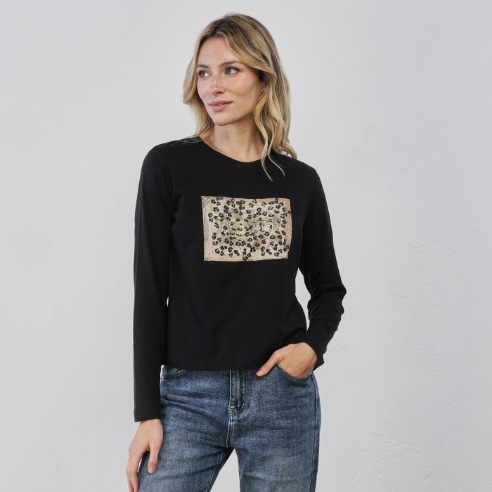 Maglia nera da donna con stampa e maniche lunghe