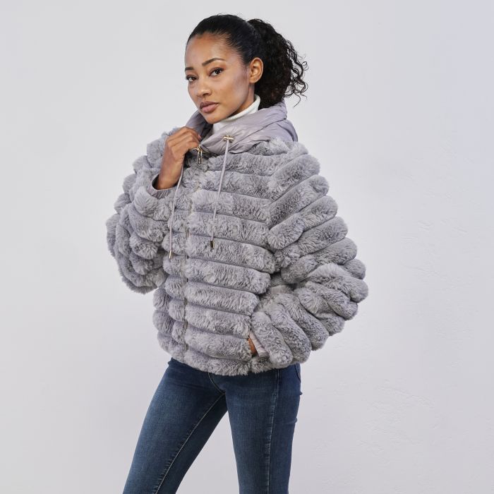 Eco pelliccia grigia da donna con cappuccio e tasche