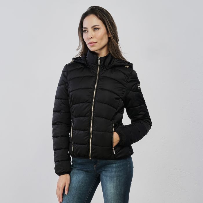 Piumino corto nero da donna con tasche e cappuccio