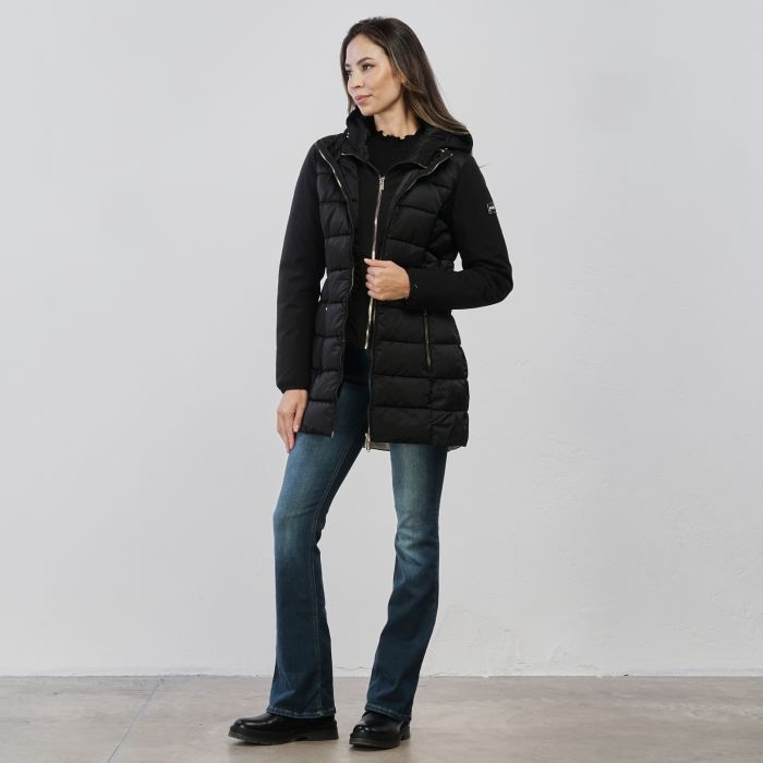 Piumino midi nero da donna con inserto interno e doppia zip