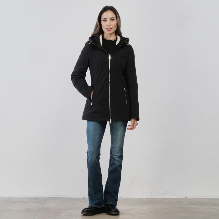 Piumino midi nero da donna con tasche, zip e cappuccio