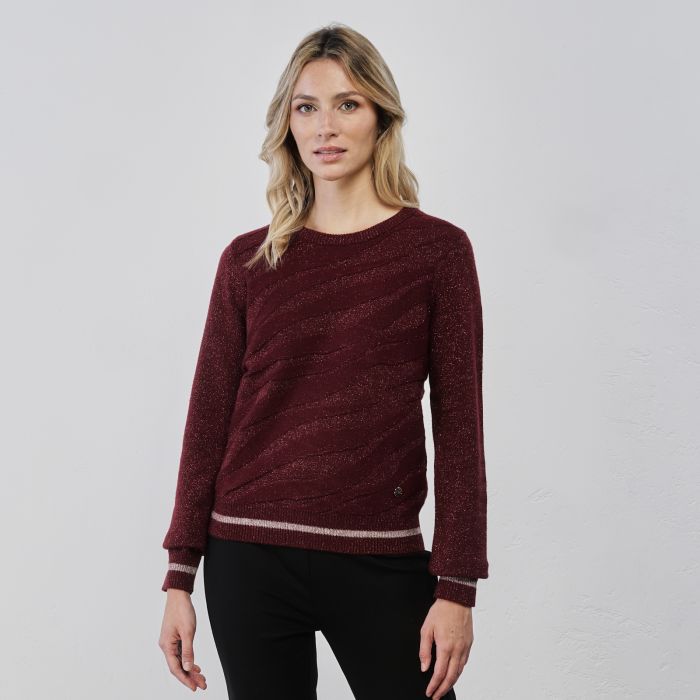 Maglioncino viola in tessuto lurex da donna con dettaglio ricamo animalier