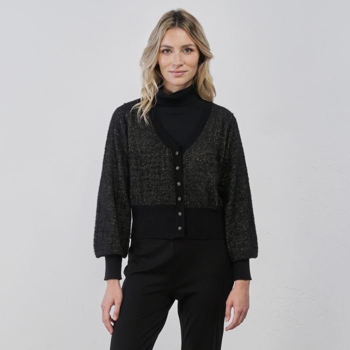 Maglioncino corto nero da donna in tessuto peluche lurex con bottoni