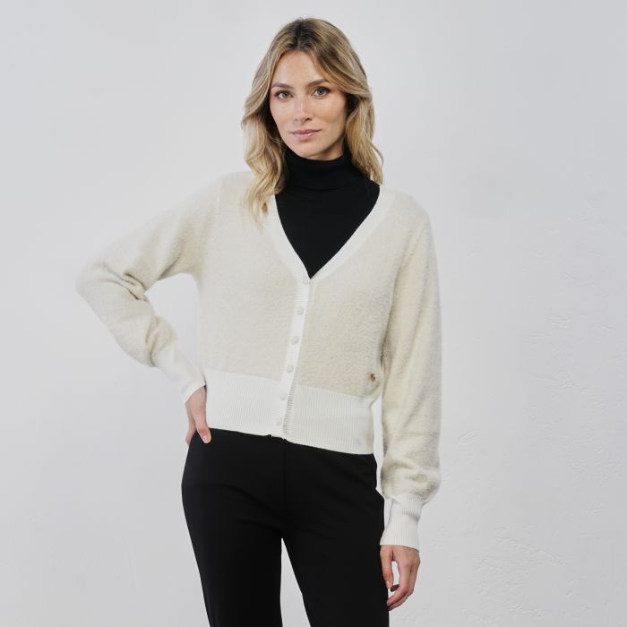 Maglioncino corto bianco da donna in tessuto peluche lurex con bottoni