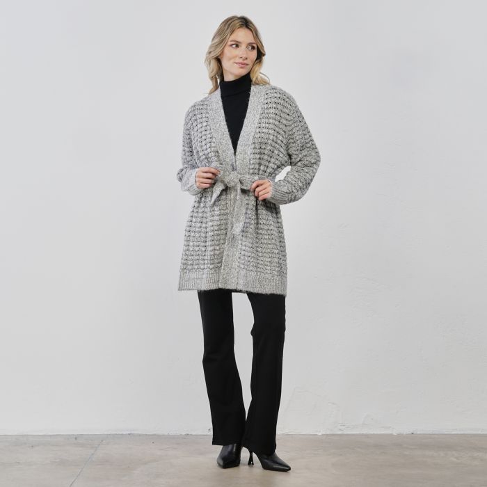 Cardigan lungo grigio da donna con fucsiacca in vita e inserti in lurex
