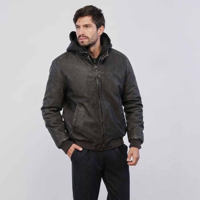 Giacca in eco-pelle marrone con cappuccio