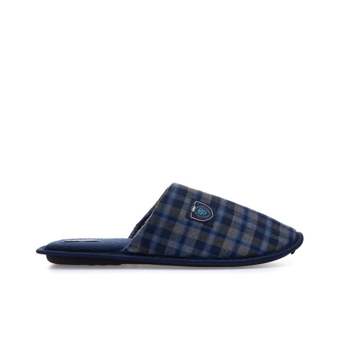 Ciabatte da casa blu con stemma e fantasia check