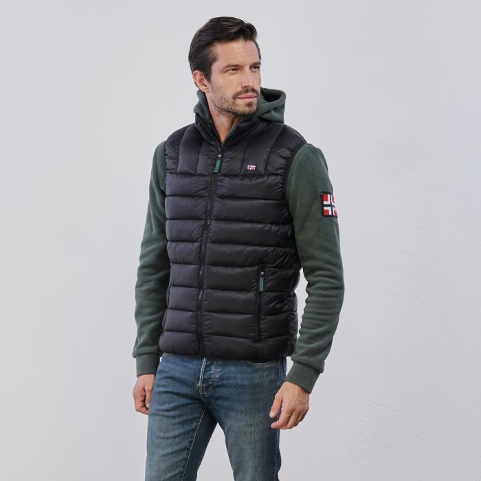 Gilet trapuntato nero da uomo con zip e tasche