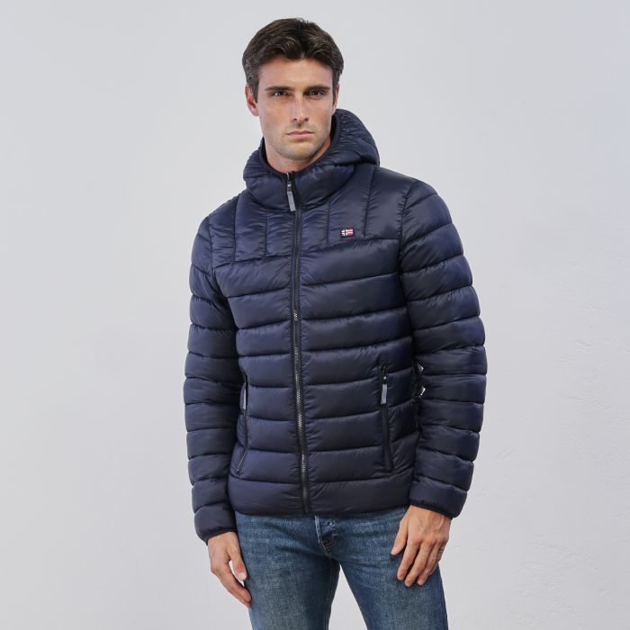 Piumino blu da uomo con cappuccio e zip