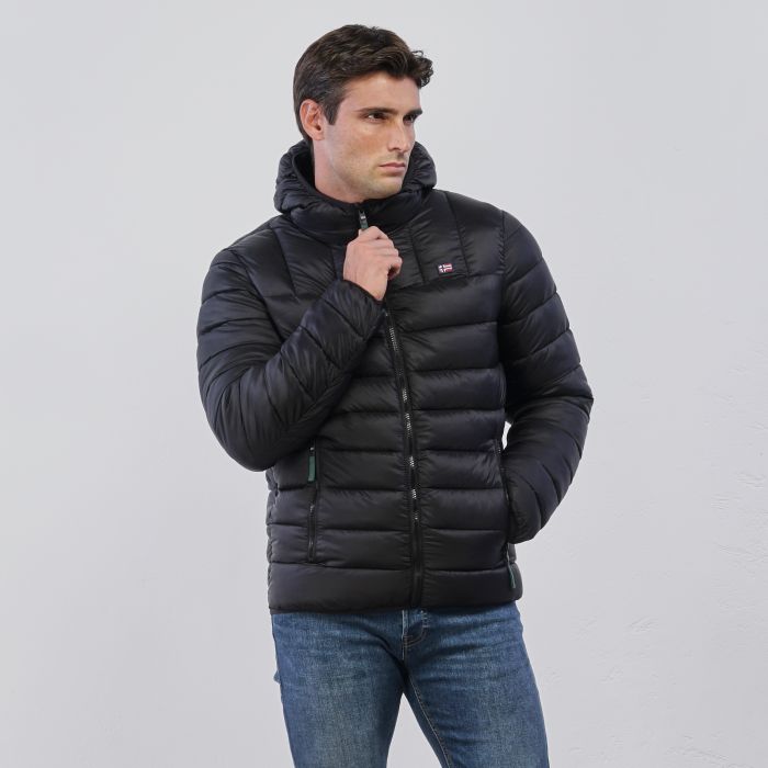 Piumino nero da uomo con cappuccio e zip