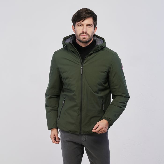 Giacca verde da uomo con cappuccio e zip