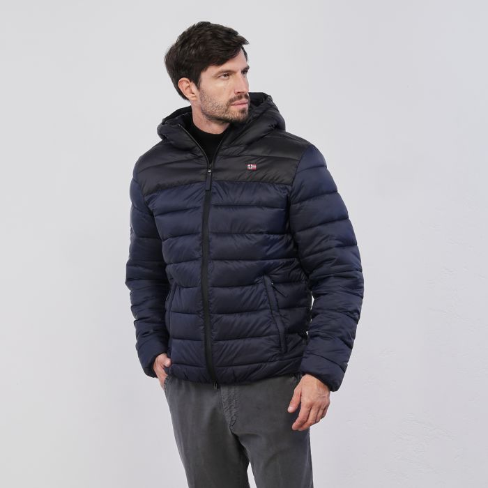 Piumino blu trapuntato da uomo con tasche e cappuccio