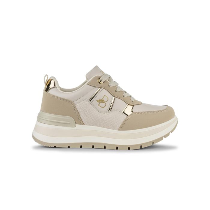 Sneakers beige da donna con suola platform e dettagli laminati