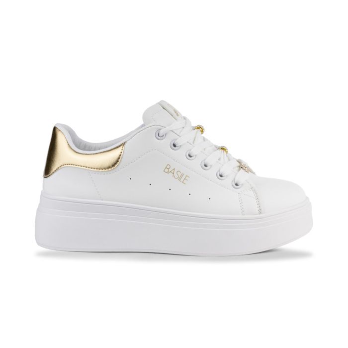 Sneakers bianche e oro da donna con suola platform e scritta logo laterale